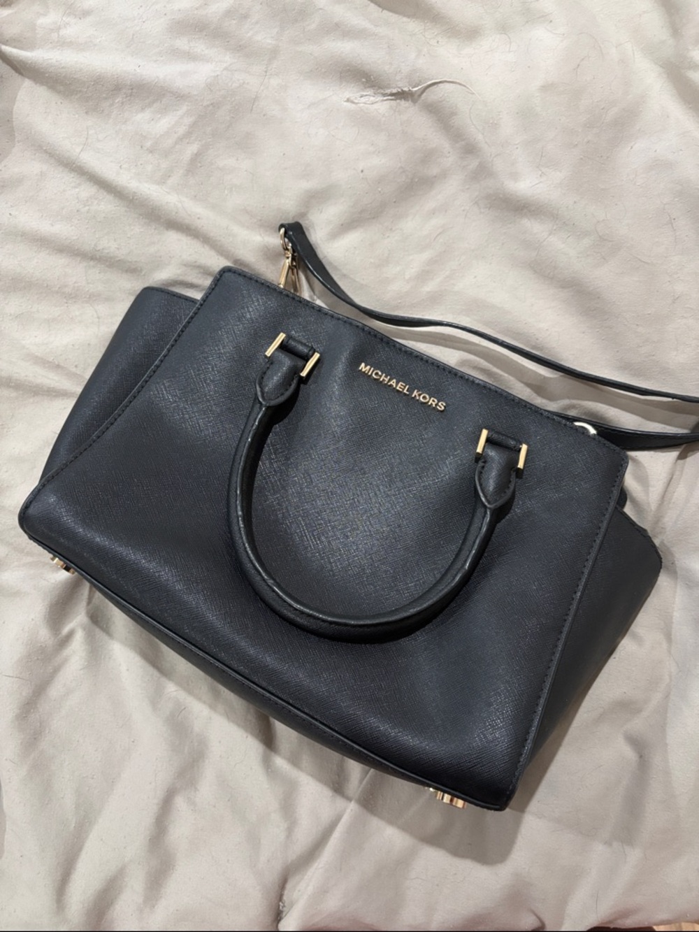 Michael Kors Black Saffiano Leather Satchel with Gold Hardware